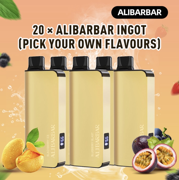 Promotional banner for ALIBARBAR Ingot vape devices with three gold units, fruit graphics, and 'Pick your own flavours'.