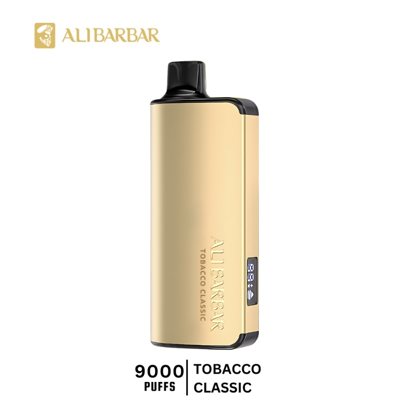 Gold Disposable Vape Device in a Sleek Gold Finish with Black Mouthpiece Labeled Alibarbar Tobacco Classic 9000 Puffs logo Top Left - Australia E-cigarette Store