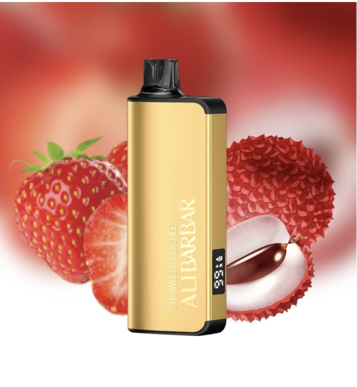 Gold Vape Device with Black Ends Centered Strawberries and Lychee in Background strawberry Lychee Flavor - Australia E-cigarette Store