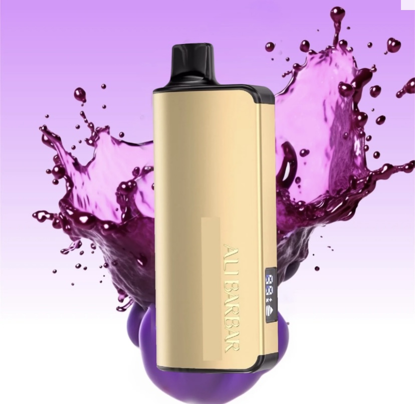 Gold Vape Mod with Black Mouthpiece Standing Upright Against a Purple Splash Background - Australia E-cigarette Store