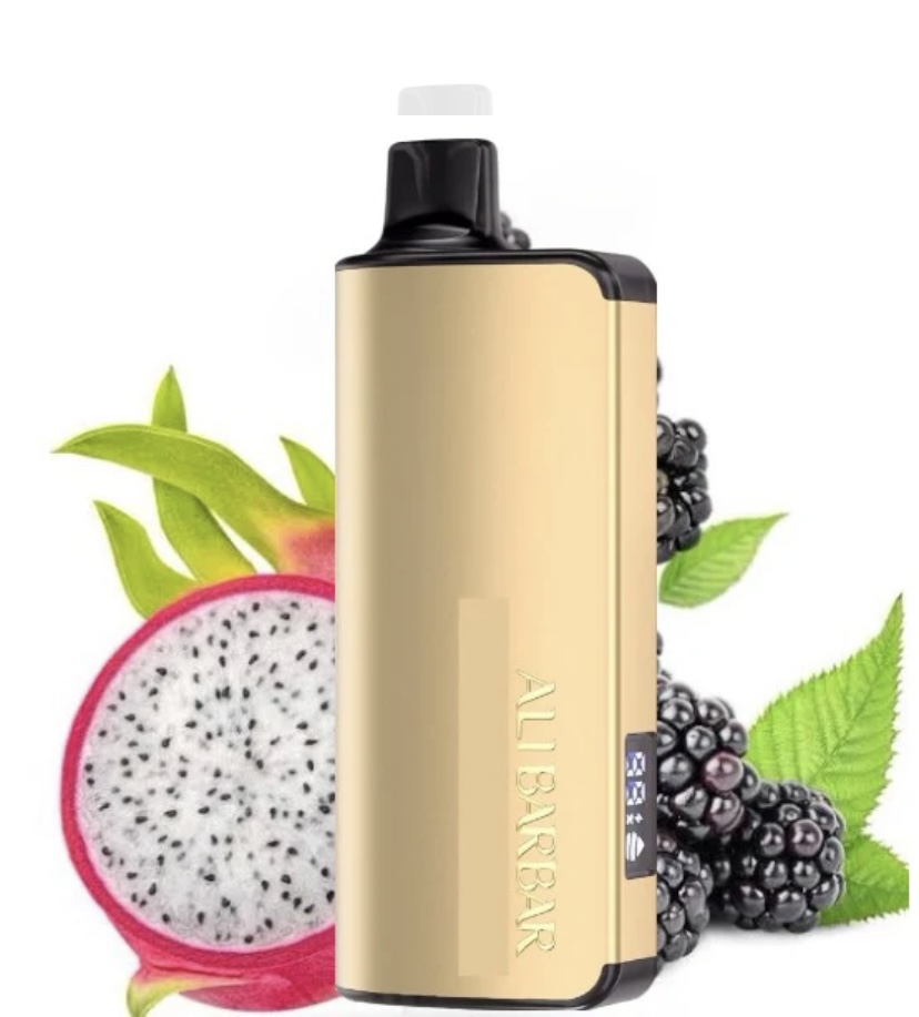 Gold Vape Pod Device Standing Upright with a Black Mouthpiece Flanked by Dragon Fruit Half and Blackberries - Australia E-cigarette Store