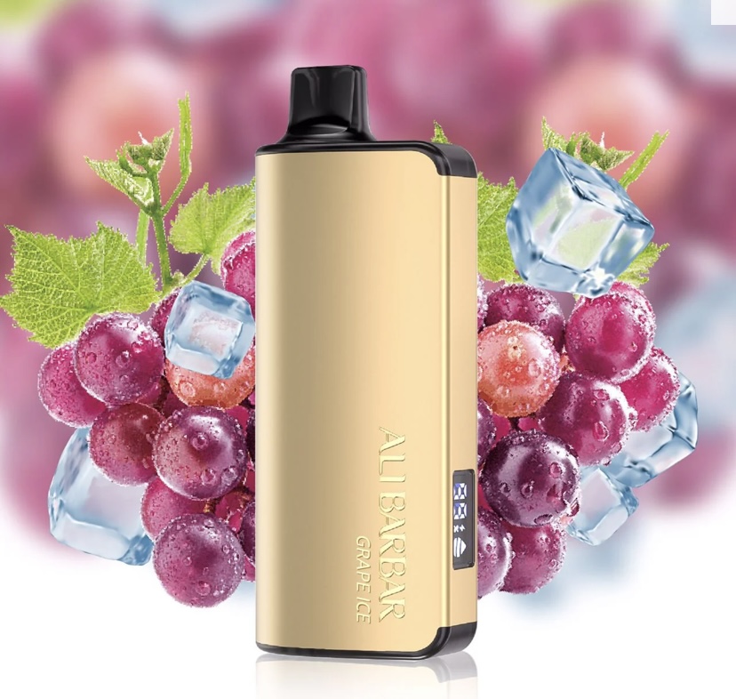 Gold Vape Device with Black Mouthpiece Surrounded by Grapes and Ice Cubes grape-ice Flavor - Australia E-cigarette Store