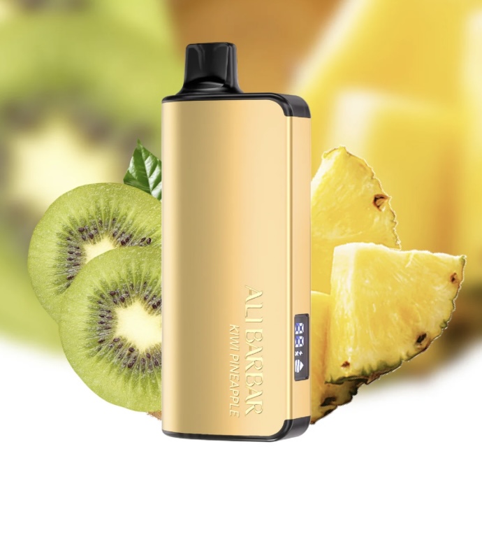 Gold Vape Mod with Black Mouthpiece Labeled kiwi Pineapple Shown Beside Kiwi Slices and Pineapple Chunks - Australia E-cigarette Store