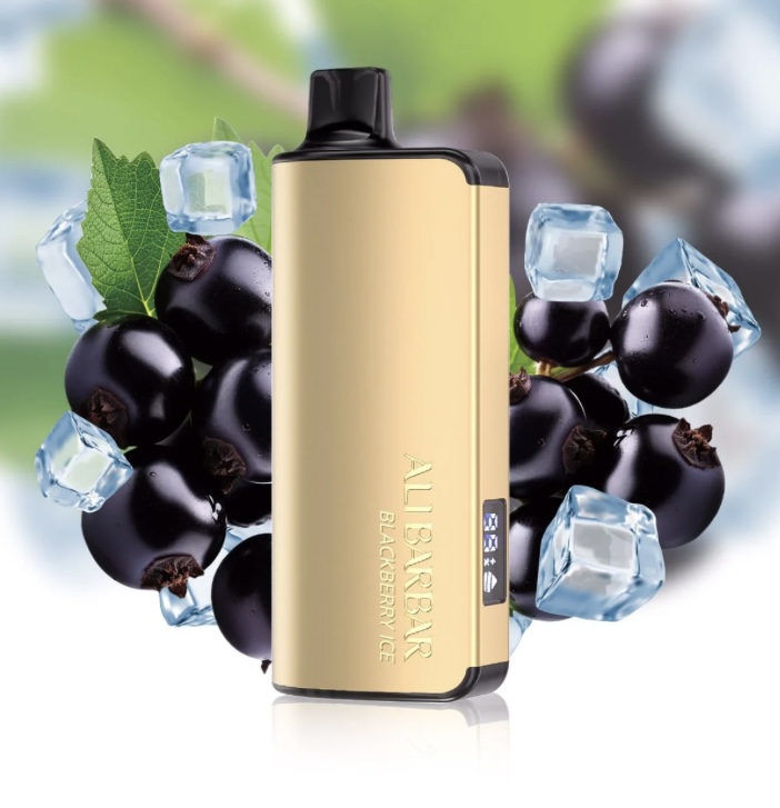 Gold Vape Device with Blackberry Ice Flavor Surrounded by Blackberries and Ice Cubes - Australia E-cigarette Store