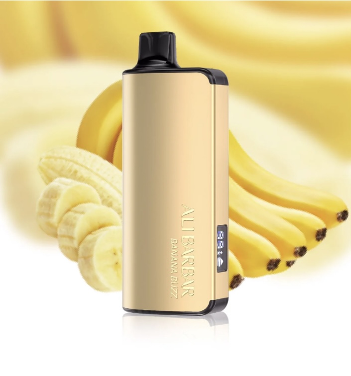 Gold Vape Mod with Black Mouthpiece Standing Upright Banana Buzz Flavor Label Against a Backdrop of Bananas - Australia E-cigarette Store