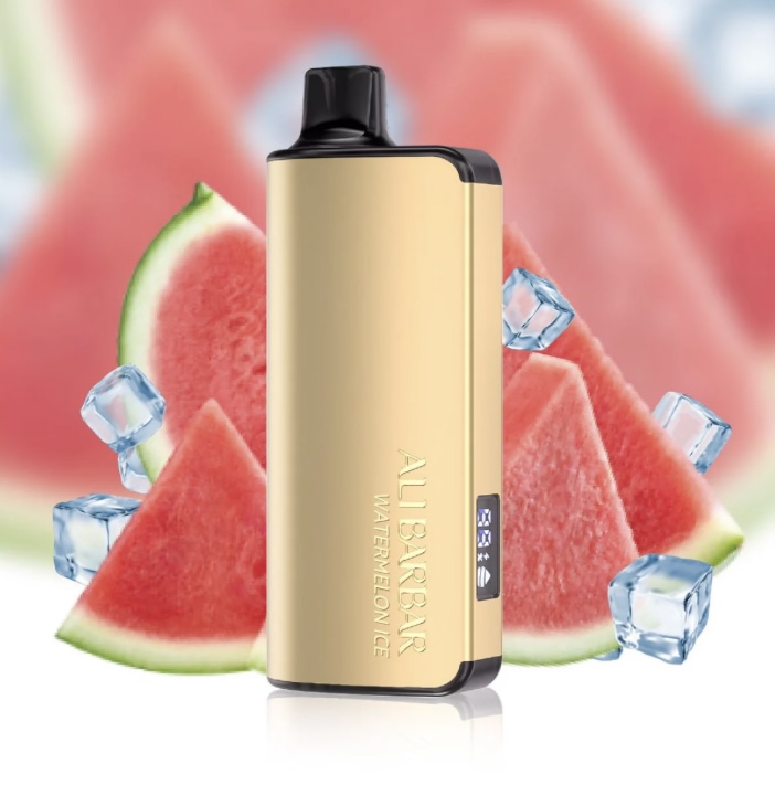 Gold Vape Device Standing Upright with Watermelon Slices and Ice Cubes in the Background - Australia E-cigarette Store