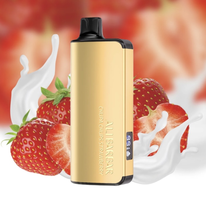Gold Vape Mod with Black Mouthpiece Set Against a Background of Strawberries and White Milk Splashes Conveying a Fruity Flavor Theme product Shotgold Electronic Cigarette Device Surrounded by Strawberries and Milk Splash for a Fruity Flavor Presentation - Australia E-cigarette Store