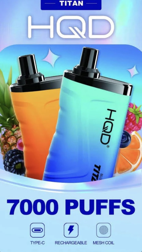 HQD Titan e-cigarette device with two colorful pods, advertising 7000 puffs and fruit background for a disposable vape product page