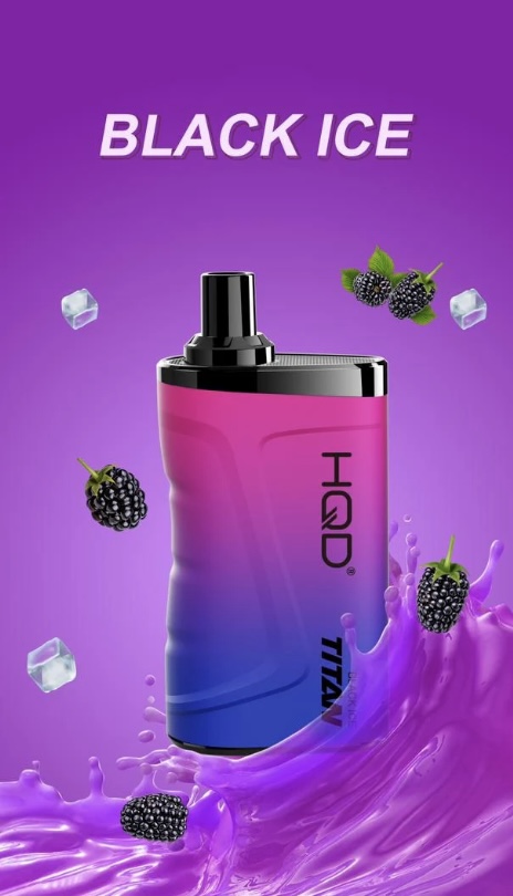 Vape mod with pink-to-purple gradient and black mouthpiece, labeled 'BLACK ICE', surrounded by ice cubes, blackberries, and a purple liquid splash.