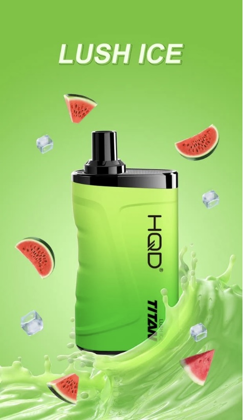 Green vaping bottle with black nozzle labeled LUSH ICE, surrounded by watermelon slices and ice cubes against a lime-green splash background (flavor: watermelon).