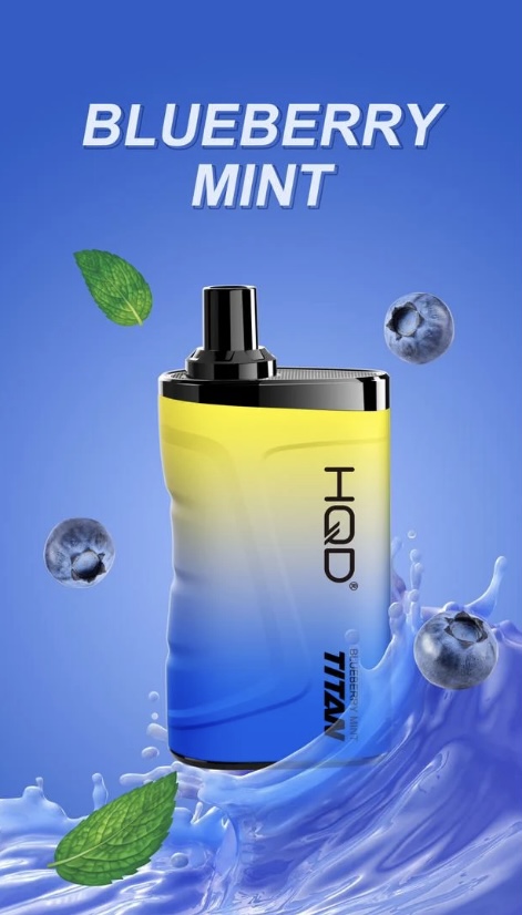 Blueberry Mint flavored vape bottle with blueberries and mint leaves on a blue gradient splash background.