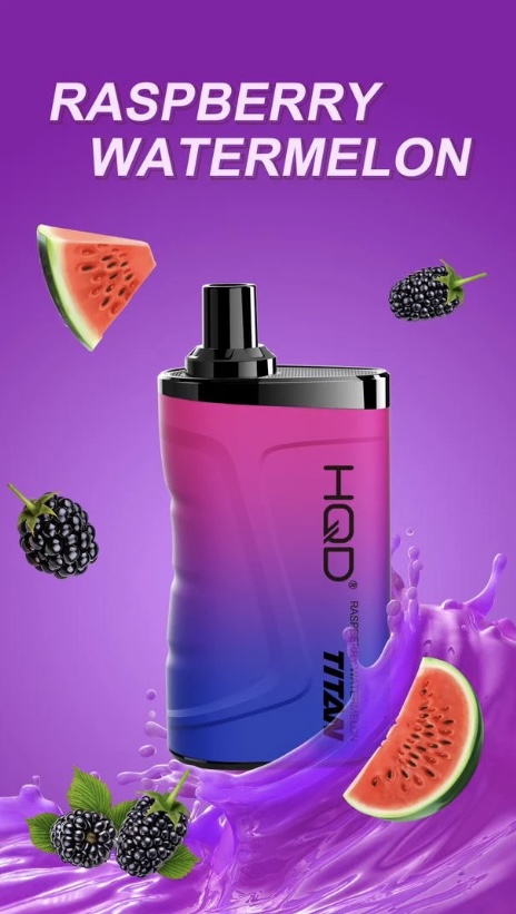 Vape juice bottle with a purple-pink gradient, labeled Raspberry Watermelon, surrounded by watermelon slices and blackberries against a purple background.