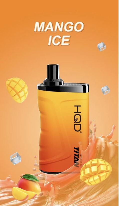 Bottle of Mango Ice flavor with an orange gradient background, surrounded by mango pieces, ice cubes, and a splash of liquid.