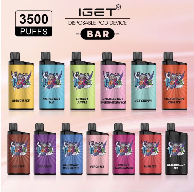 Row of colorful IGET disposable pod devices with 3500 puffs, showing multiple flavors like Mango Ice, Blueberry Ice, Double Apple, Strawberry Watermelon Ice, Ice Cream, and more.