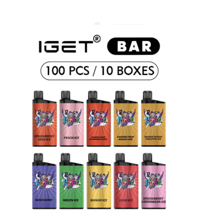 IGET BAR 100 PCS / 10 BOXES box set with ten colorful disposable vape pods.