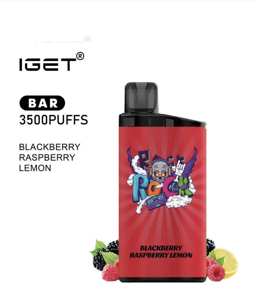 Red disposable vape with cartoon artwork; flavor Blackberry Raspberry Lemon, IGET BAR 3500 PUFFS.