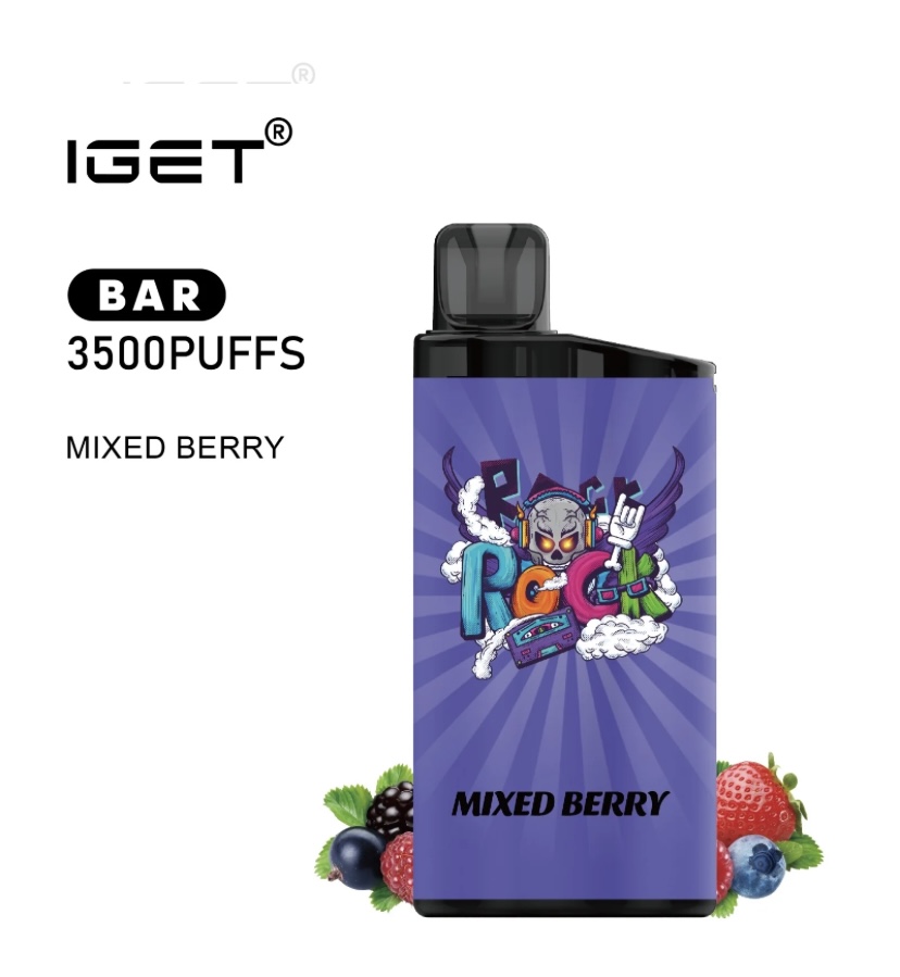 Purple vape device with black mouthpiece displaying a cartoon label, labeled 'IGET BAR 3500PUFFS' and flavor 'MIXED BERRY', with berries at the base