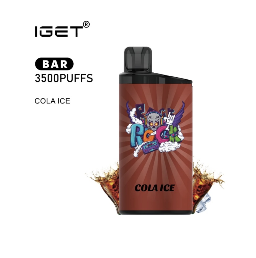 Disposable vape device with red label featuring graphic art; reads COLA ICE and IGET BAR 3500 PUFFS, cola-flavored.