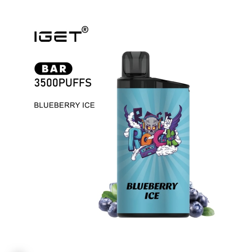 IGET Bar 3500 Puffs Blueberry Ice disposable vape with blue label and cartoon mascot, blueberries at the base.