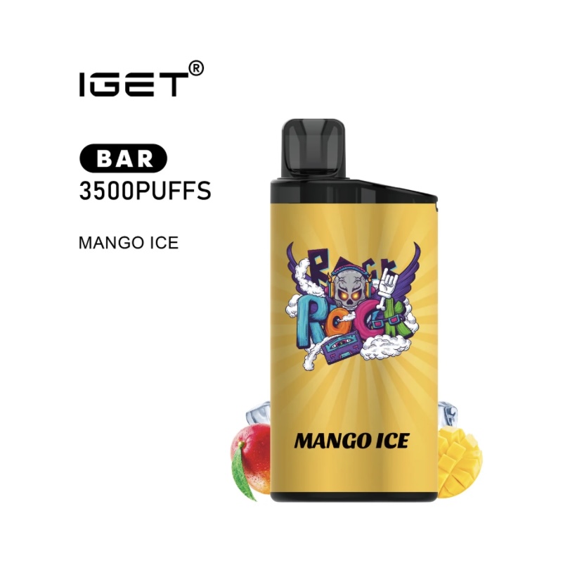 IGET BAR 3500 PUFFS Mango Ice disposable vape with yellow packaging and colorful artwork, mango slices nearby