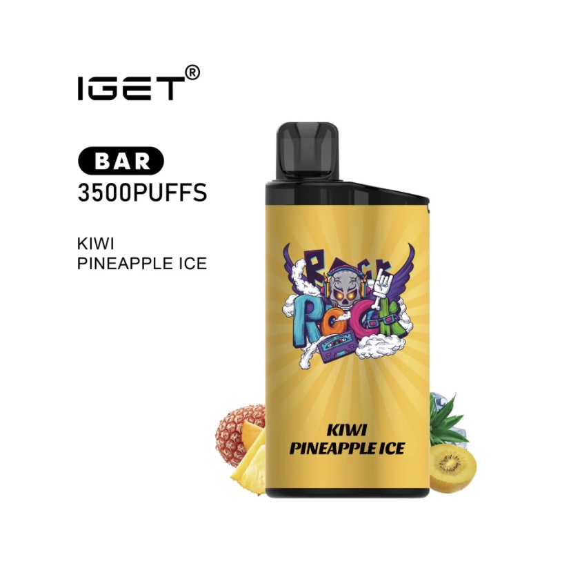 Disposable vape device with bright yellow label reading 'KIWI PINEAPPLE ICE' and a cartoon graphic, pineapple and kiwi fruits shown at the base.