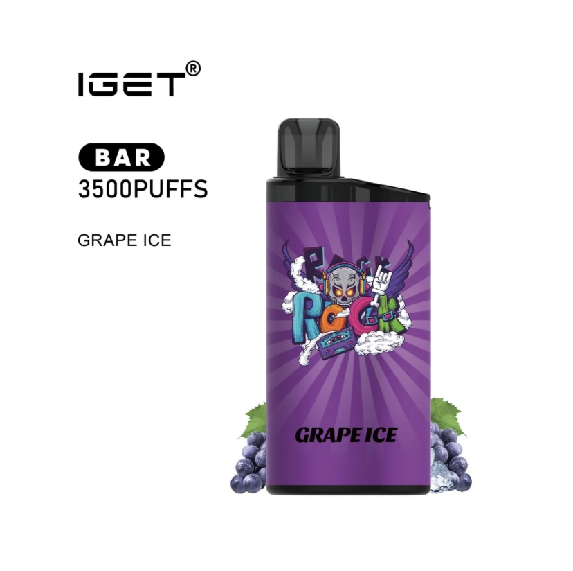 IGET BAR disposable vape, 3500 puffs, grape ice flavor, purple graphic label with grapes at the base.