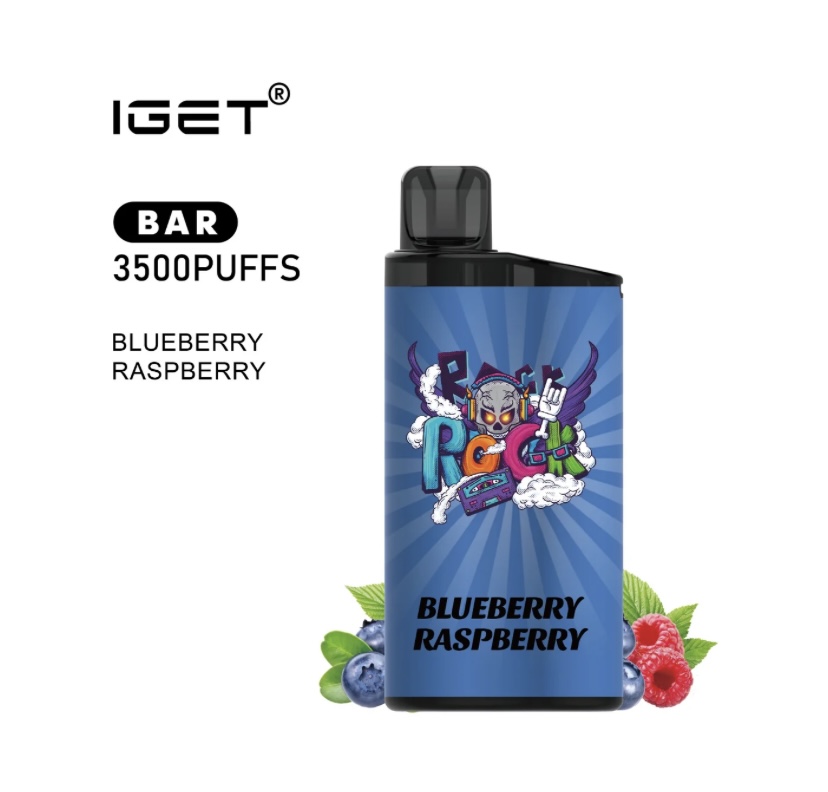 Vape pod device labeled IGET Bar 3500 Puffs, Blueberry Raspberry flavor with blue packaging and blueberries/raspberries at the base.