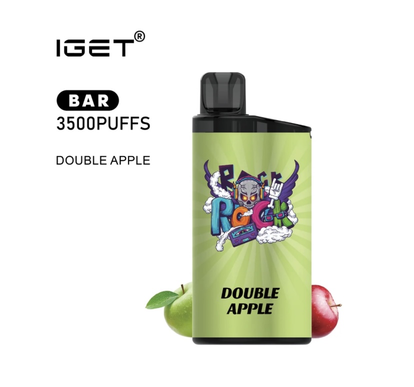 IGET BAR 3500 PUFFS disposable vape in lime green with Double Apple flavor and cartoon artwork on the front, apples at sides.