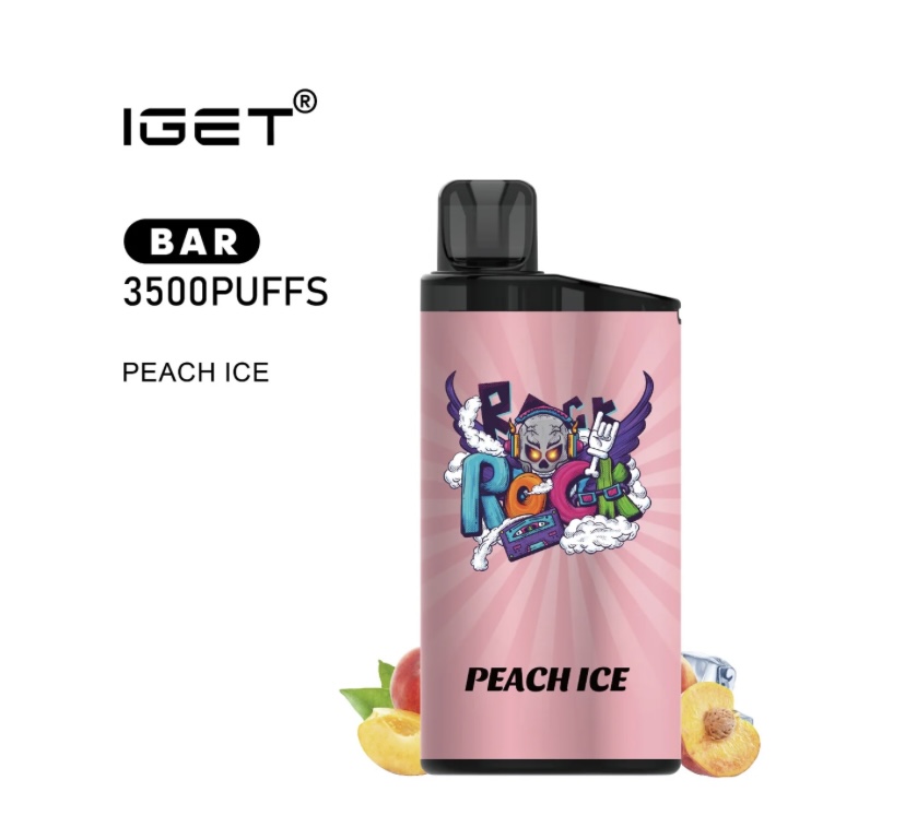 IGET Bar 3500 Puff Peach Ice disposable vape with pink label and cartoon artwork, peaches at the base nearby.