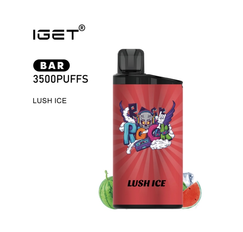 IGET Bar 3500 Puff disposable vape with red Lush Ice label and cartoon graphic on a white background, watermelon accents