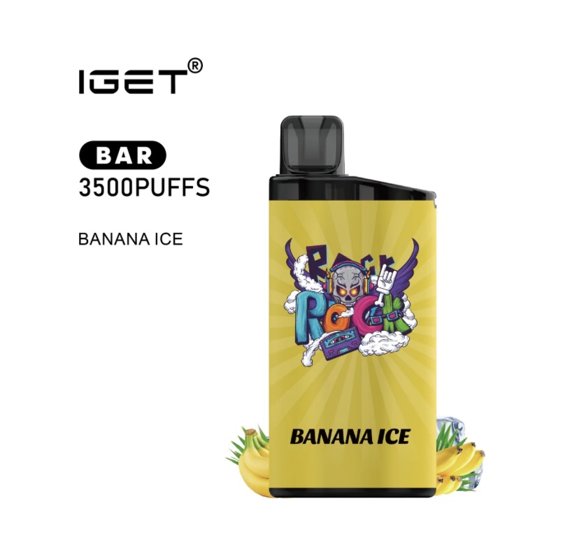 Disposable vape device from IGET Bar, Banana Ice flavor, bright yellow sleeve with cartoon artwork and 'BANANA ICE' text on a white background.