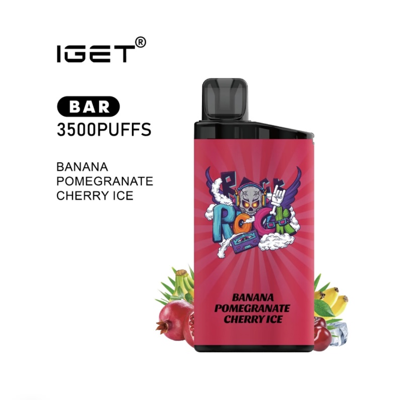 IGET Bar 3500 Puffs pink vape device, flavor Banana Pomegranate Cherry Ice, with fruit graphics around.