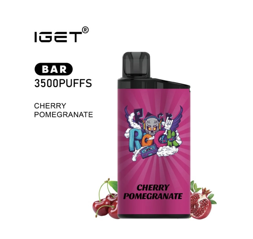 IGET BAR 3500PUFFS disposable vape with a pink label, flavor Cherry Pomegranate, and cherries/pomegranate fruits at the base.