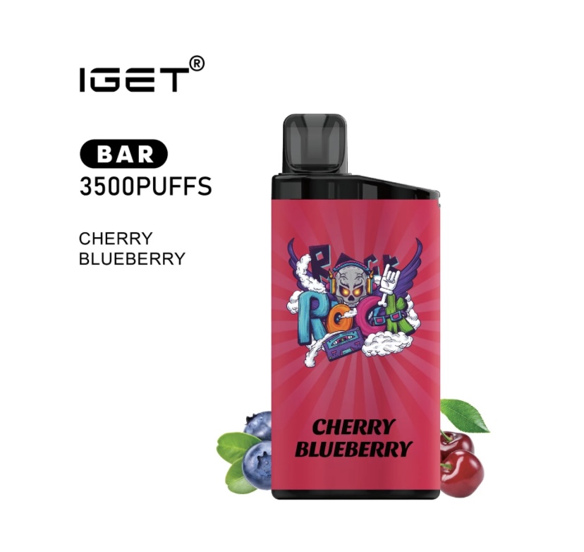 Vape pod device with pink label featuring a comic-style logo and the text "CHERRY BLUEBERRY" at the bottom, surrounded by blueberries and a cherry illustration.