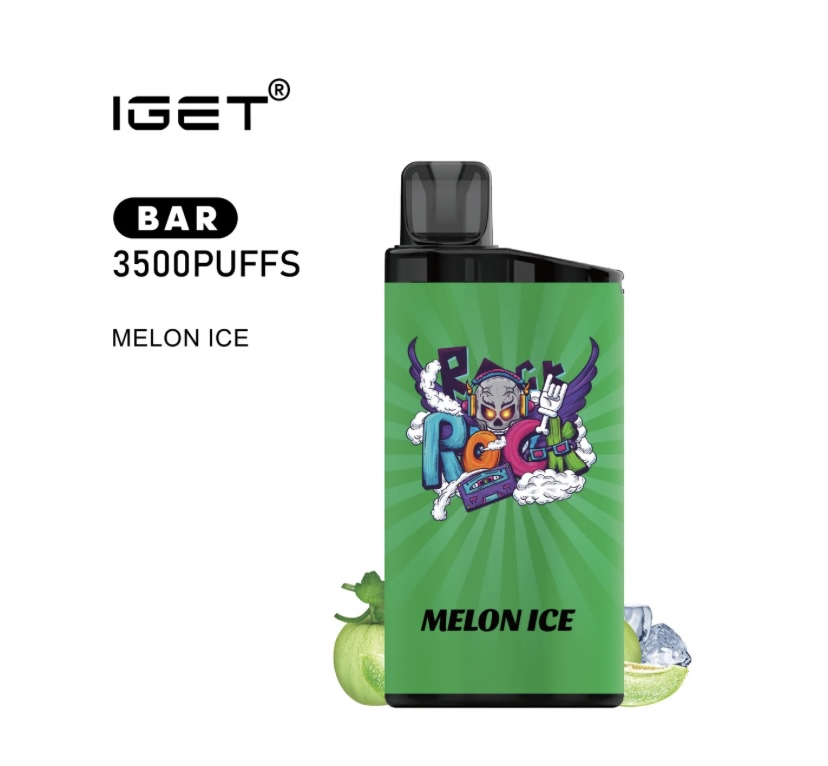 Green Melon Ice vape pod with bright packaging and cartoon logo, labeled 3500 puffs (Melon Ice).