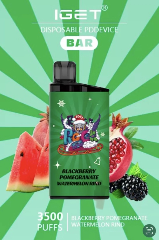 IGET disposable pod device in green with Blackberry Pomegranate Watermelon Rind flavor, surrounded by fruit imagery.