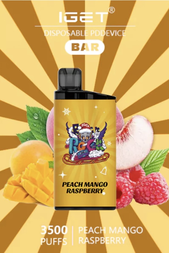 IGET Bar disposable vape in Peach Mango Raspberry flavor, with fruit graphics in the background and 3500 puffs text at bottom, on a yellow burst backdrop.