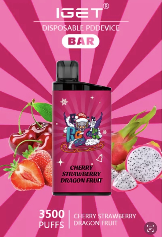 IGET Bar disposable vape in pink, Cherry Strawberry Dragon Fruit flavor; 3500 puffs, shown with cherries, strawberries and dragon fruit.