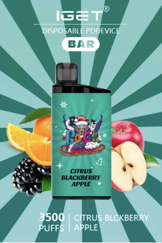 IGET disposable pod device with Citrus Blackberry Apple flavor on teal packaging, surrounded by orange, blackberry, and apple; 3500 puffs mentioned.