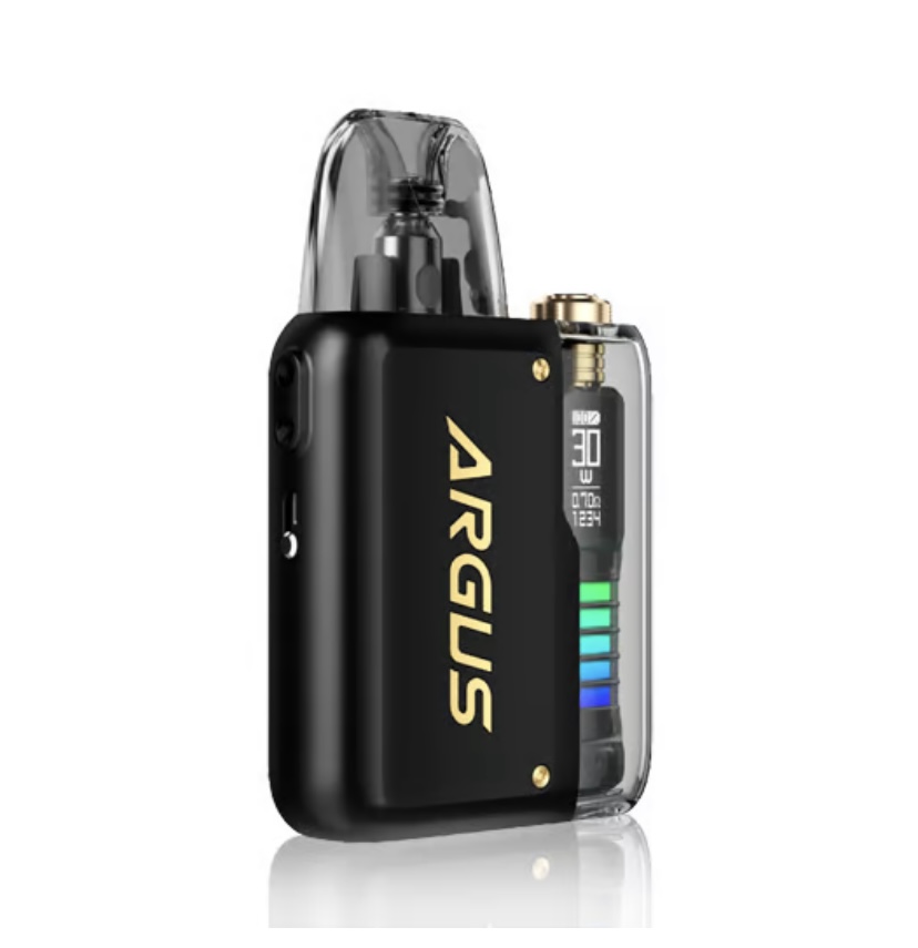 Black Argus Pod Vape with a Transparent Top Mouthpiece and Multicolor Led Indicator on the Side - Australia E-cigarette Store