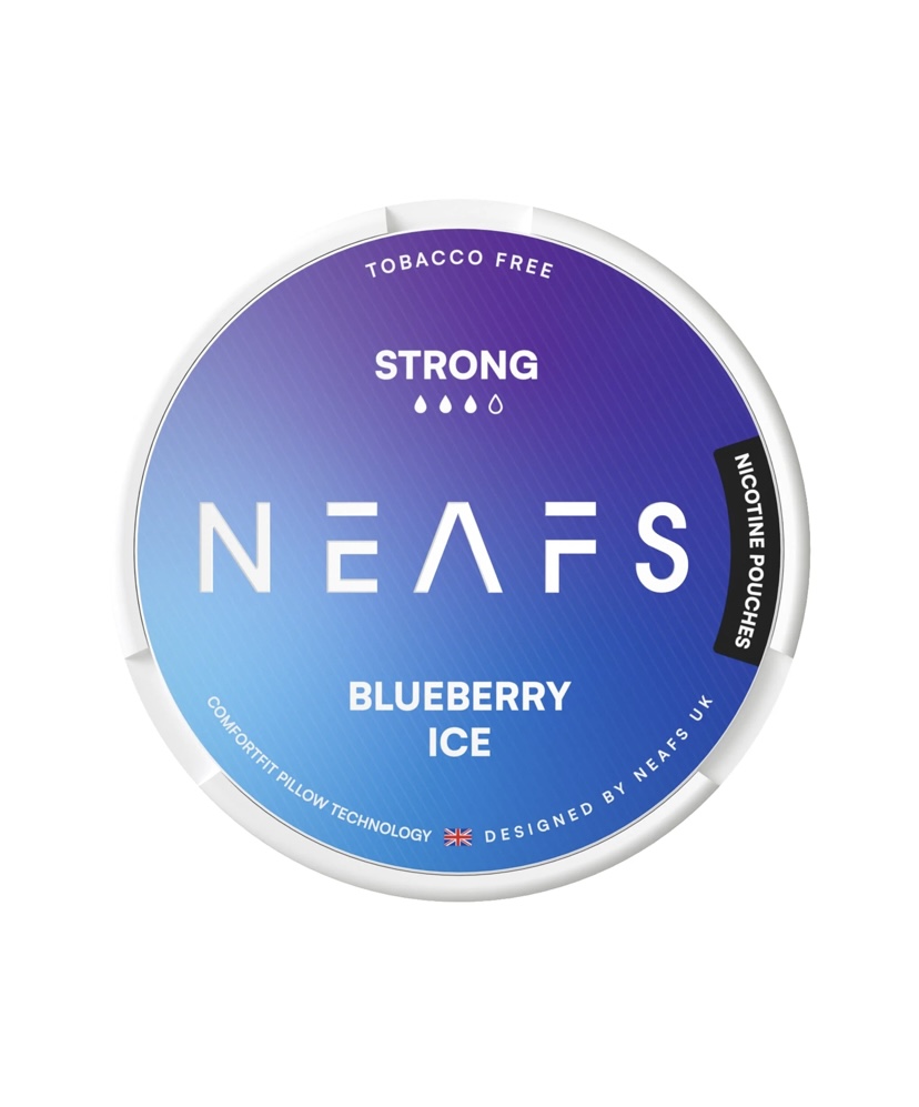 Round tin labeled NEAFS nicotine pouches, blueberry ice flavor, strong and tobacco-free.