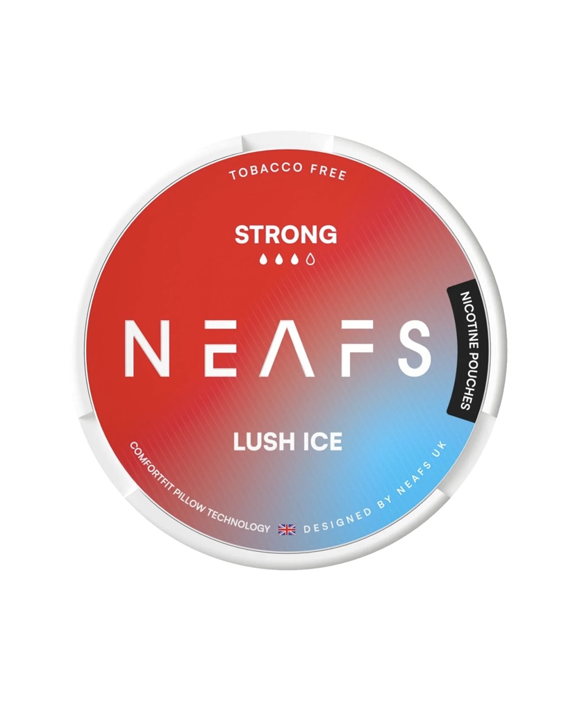 Circular lid of a NEAFS nicotine pouches can in Red-Blue gradient: 'Strong', 'Lush Ice', tobacco-free, designed by NEAFS UK.