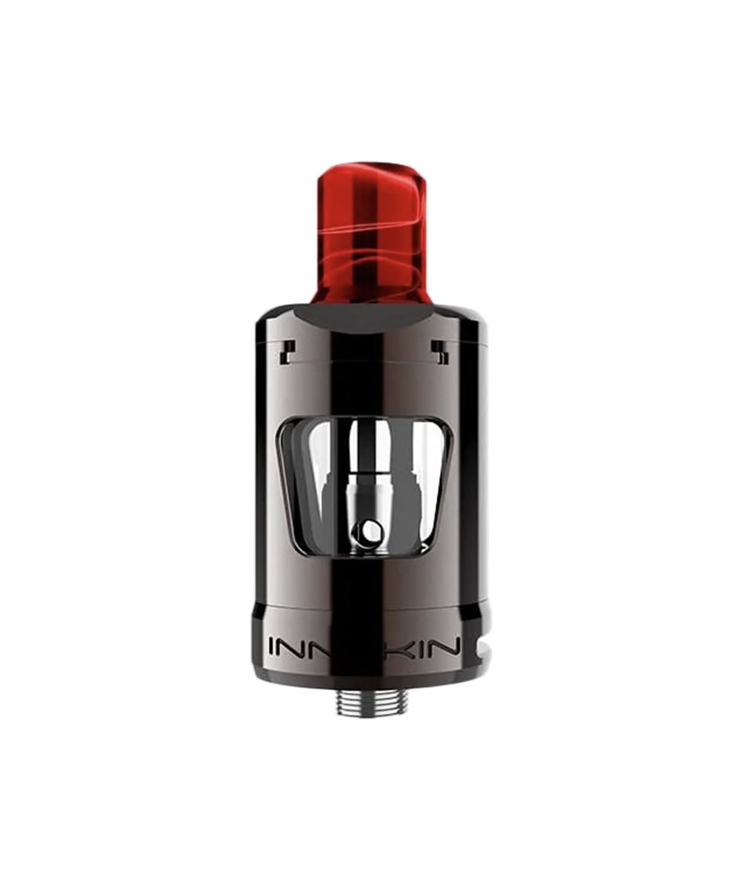 Vape Tankatomizer with a Red Translucent Top Cap and Metallic Body Shown Head-on with Glass Chamber and Threaded Base - Australia E-cigarette Store