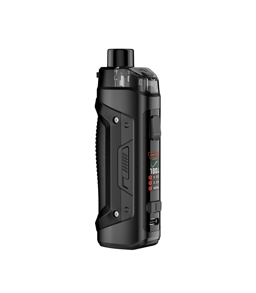Black vape mod with textured grip, side display, and top-mounted tank fragment visible behind the mouthpiece.
