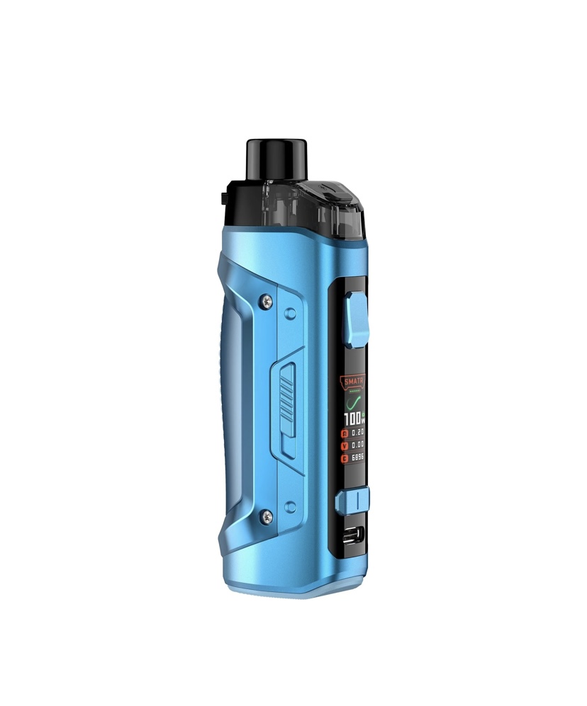 Blue handheld vape mod with black mouthpiece and digital display on the side, showing wattage and battery indicators.