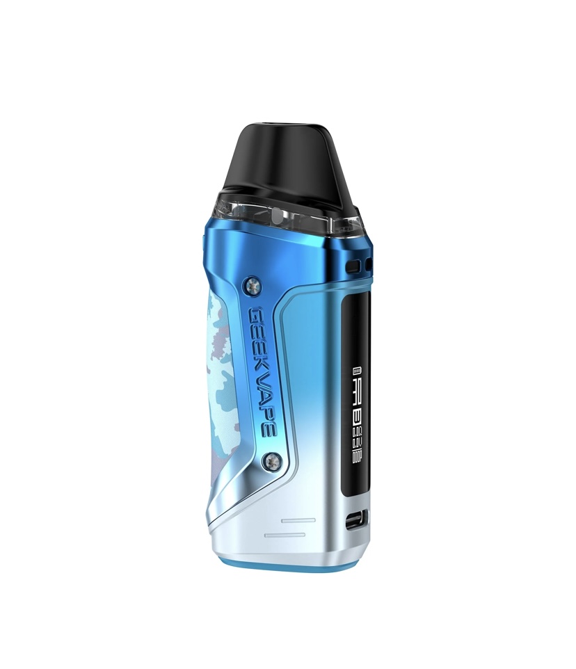 Blue and Silver Pod Vape Device with a Black Mouthpiece and Clear Tank Compact Handheld Design - Australia E-cigarette Store