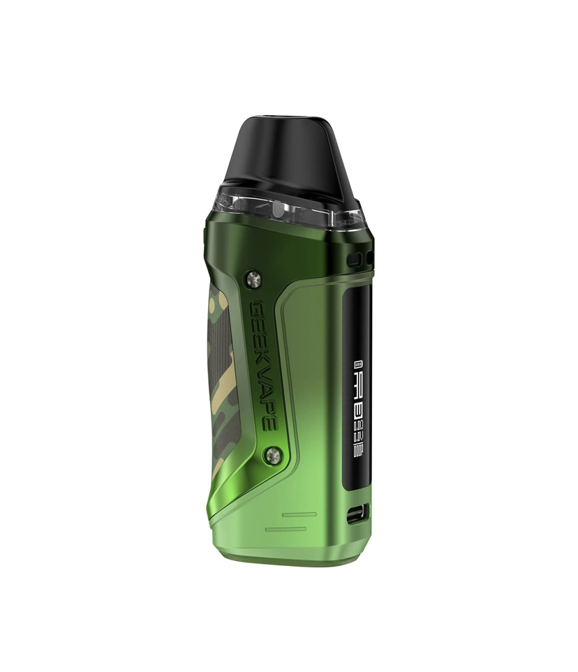 Green Camouflage Pod-style Vaping Device with a Black Mouthpiece and Side Panel Standing Upright - Australia E-cigarette Store