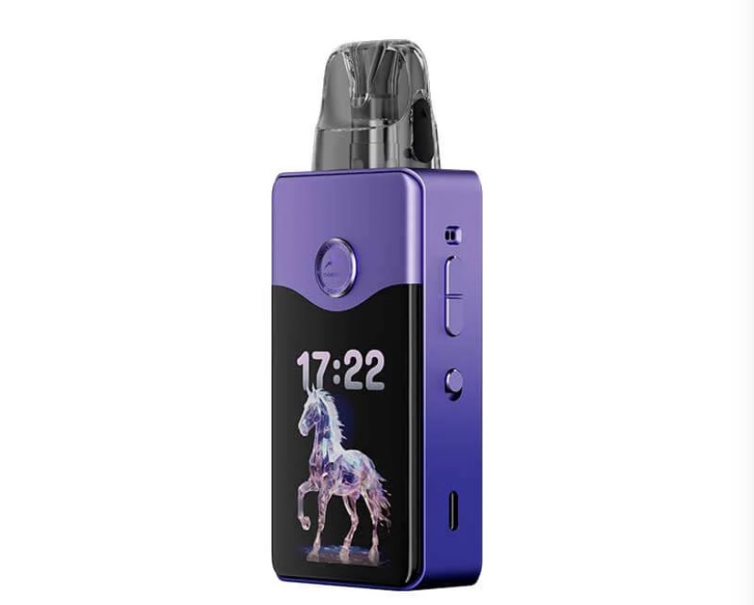 Purple Pod-style Vape Device with a Black Display Showing a Colorful Horse Image and the Time 1722 on the Screen Top Mouthpiece Visible - Australia E-cigarette Store