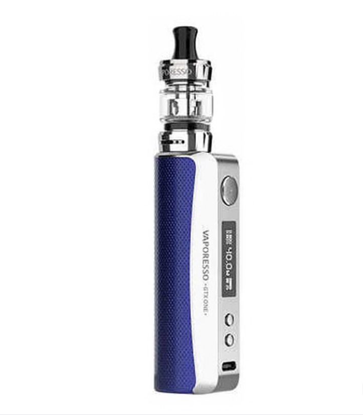 Blue and Silver Vaporesso Vape Mod with a Glass Tank on Top and Textured Grip - Australia E-cigarette Store