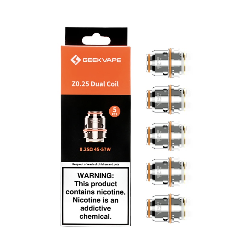 GeekVape Z0.25 Dual Coil packaging with five replacement coils beside it.